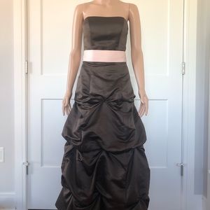 Mori Lee Madeline Gardner Brown Satin Bubble Gown Dress Pink Sash Shawl 0 XS